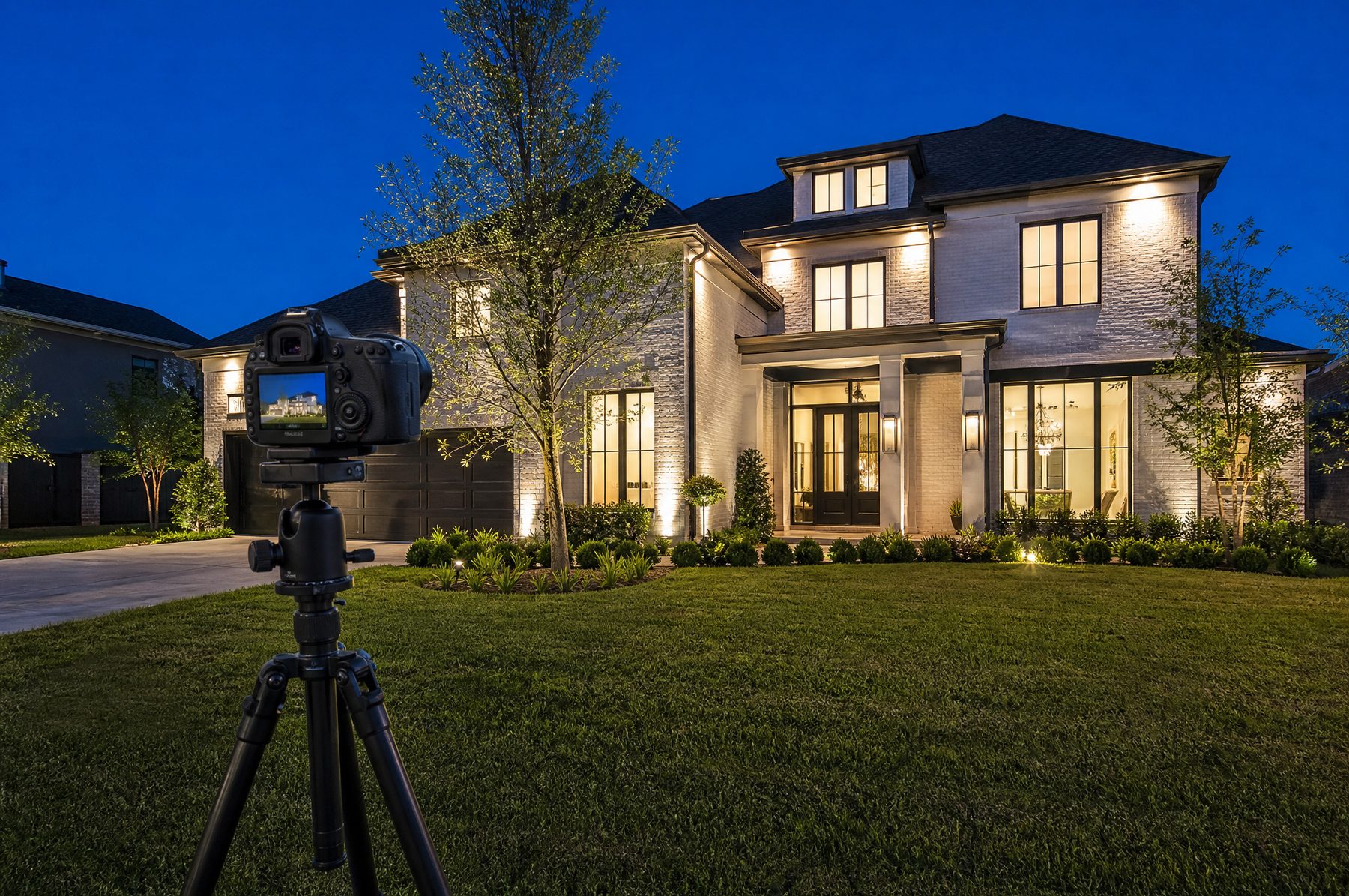 A twilight listing shoot in progress